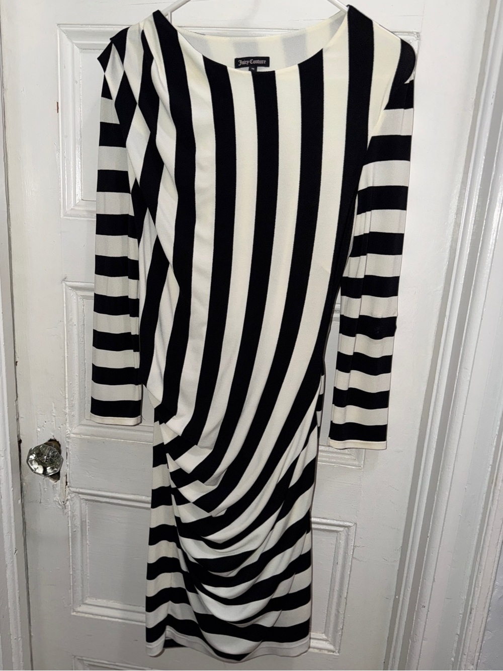 Juicy Couture Promenade Stripe Draped Ruched Midi Dress Black Cream Y2K